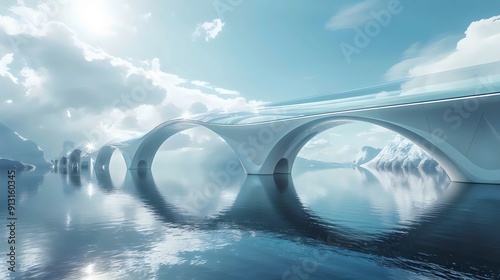 Fototapeta Naklejka Na Ścianę i Meble -  A bridge spans a body of water with a cloudy sky in the background