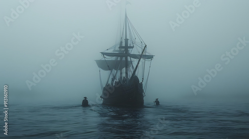 A ghost pirate crew on a haunted ship navigating through foggy waters.