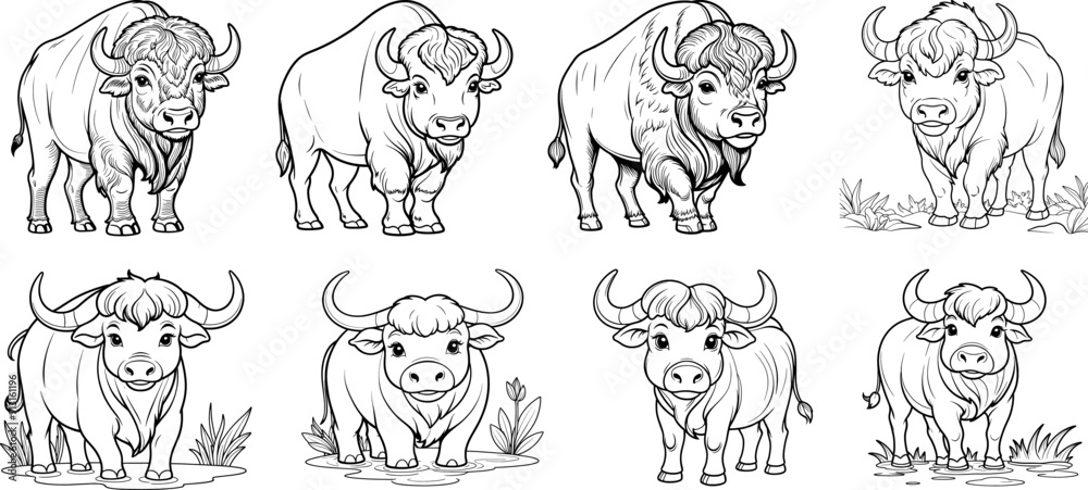 Obraz premium Buffalo and cow hand drawing coloring page and outline vector design 