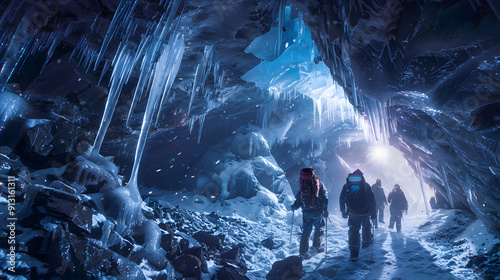 A group of adventurers exploring an icy cavern filled with treasures.