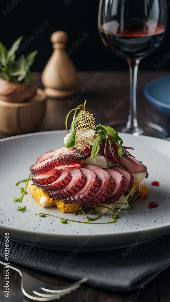 A plate of food with a glass of wine on a table A plate of food with a glass of wine on a table