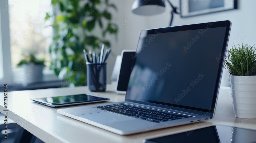 work-from-home setup, neat desk set up with laptop, tablet, and ...