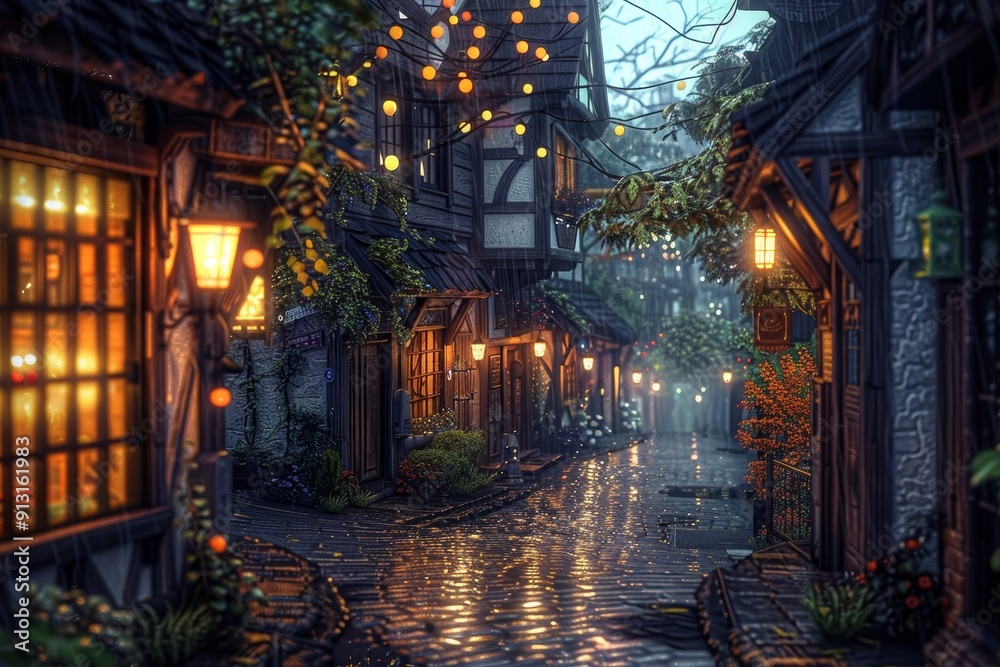Fototapeta premium Rainy Evening in a Medieval Village