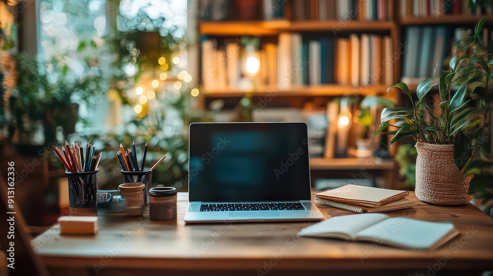 neatly organized study desk with school supplies like notebooks, pencils, and a laptop, with a cozy and inviting atmosphere to represent the back-to-school season. neatly organized study desk with school supplies like notebooks, pencils, and a laptop, with a cozy and inviting atmosphere to represent the back-to-school season.