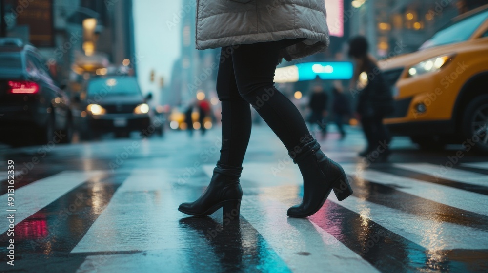 Fototapeta premium A woman is walking across a wet street in a city
