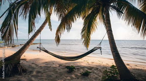 A hammock strung between two palm trees on a sandy beach inviting relaxation.