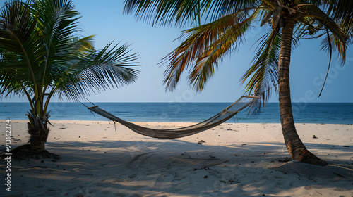 A hammock strung between two palm trees on a sandy beach inviting relaxation.