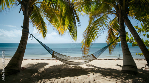 A hammock strung between two palm trees on a sandy beach inviting relaxation.