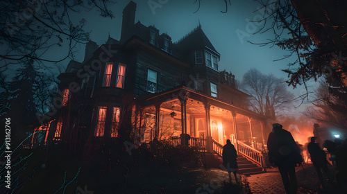 A haunted mansion with eerie lighting and ghostly figures.