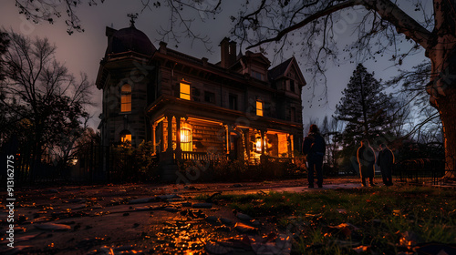A haunted mansion with eerie lighting and ghostly figures.