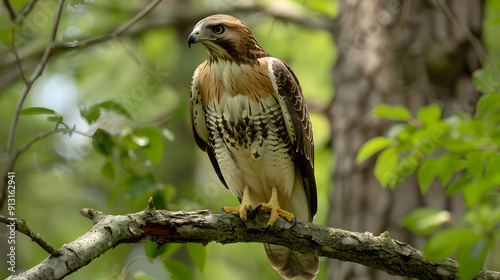 A hawk perched on a high branch scanning the forest floor below for prey.