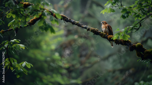 A hawk perched on a high branch scanning the forest floor below for prey.
