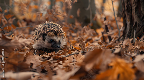 A hedgehog foraging in the underbrush of a dense forest surrounded by fallen leaves.
