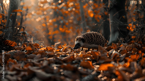 A hedgehog foraging in the underbrush of a dense forest surrounded by fallen leaves.