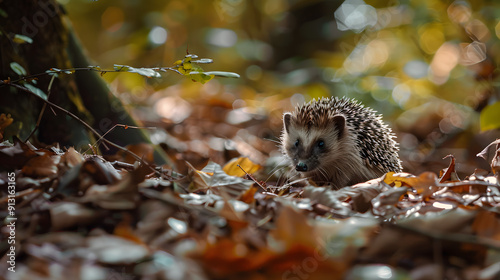 A hedgehog foraging in the underbrush of a dense forest surrounded by fallen leaves.