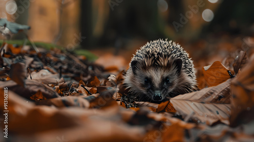 A hedgehog foraging in the underbrush of a dense forest surrounded by fallen leaves.