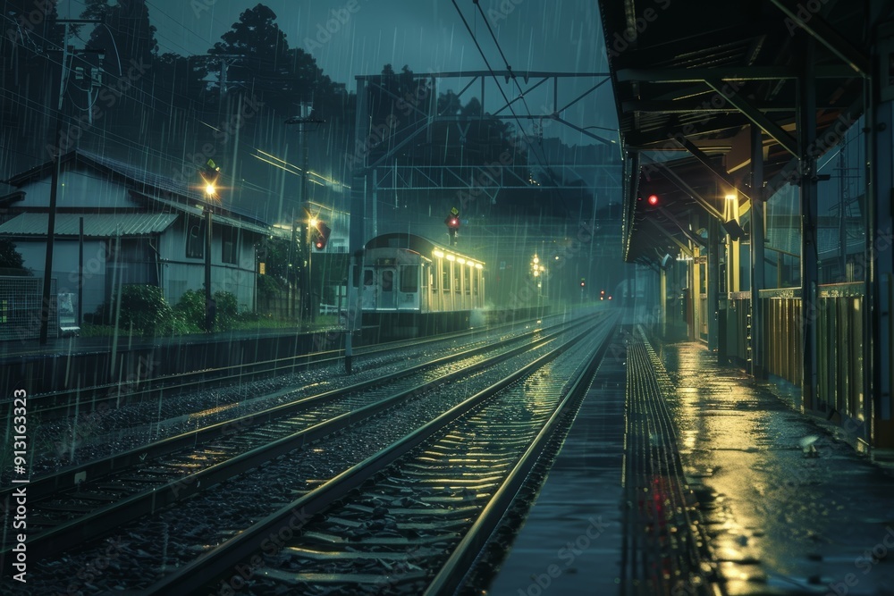 A desolate train platform awaits the arrival of a train under the heavy rain A desolate train platform awaits the arrival of a train under the heavy rain