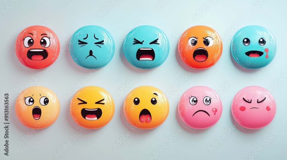 Set of colorful, expressive emoji faces displaying various emotions on a light background. Set of colorful, expressive emoji faces displaying various emotions on a light background.