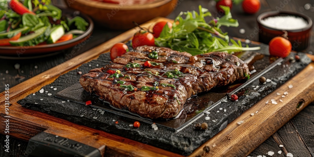 Grilled beef steak sizzling on a hot stone presented on a wooden board with fresh salad and flavorful sauces Grilled beef steak sizzling on a hot stone presented on a wooden board with fresh salad and flavorful sauces