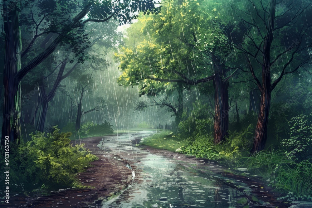 Fototapeta premium A verdant forest path is illuminated by the rain falling through the trees