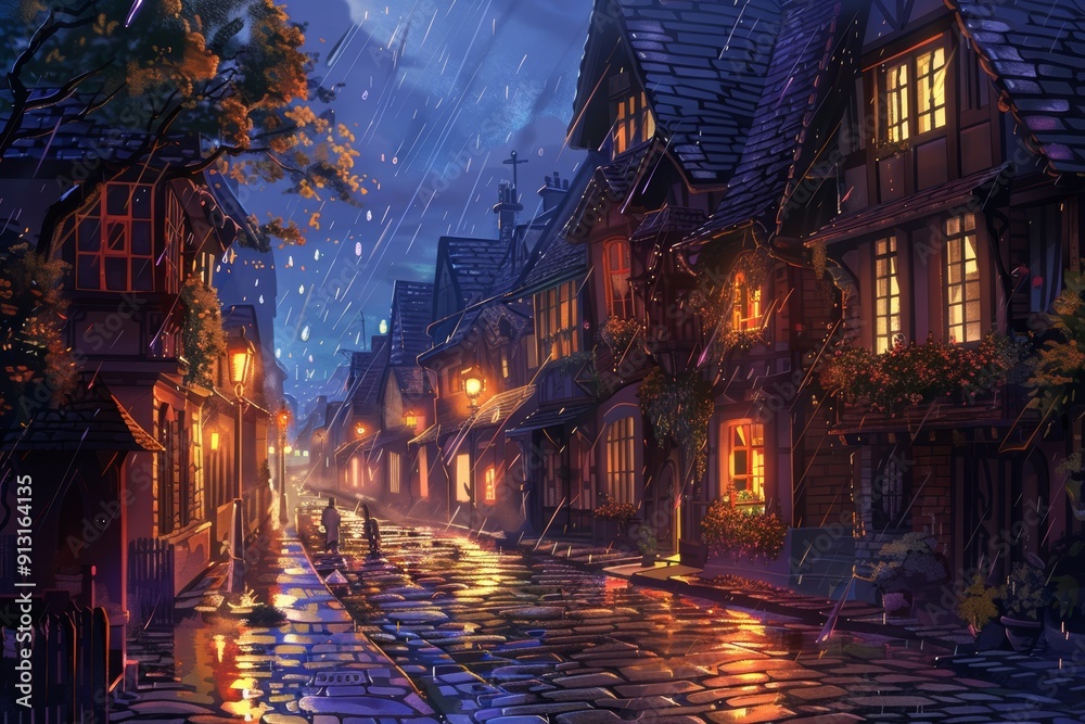The cobblestone streets of a quaint village are illuminated by the warm glow of streetlamps as a gentle rain falls