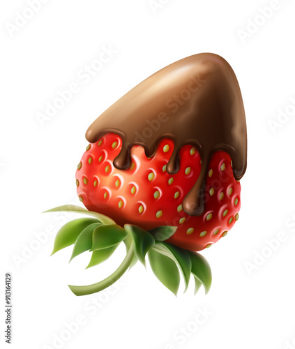 3d realistic vector icon illustration. Whole strawberry covered with dripping chocolate.