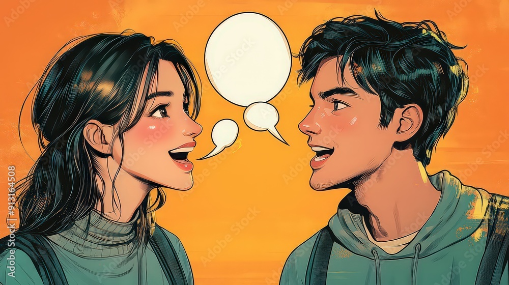 Cartoon-style illustration of two people having a conversation.