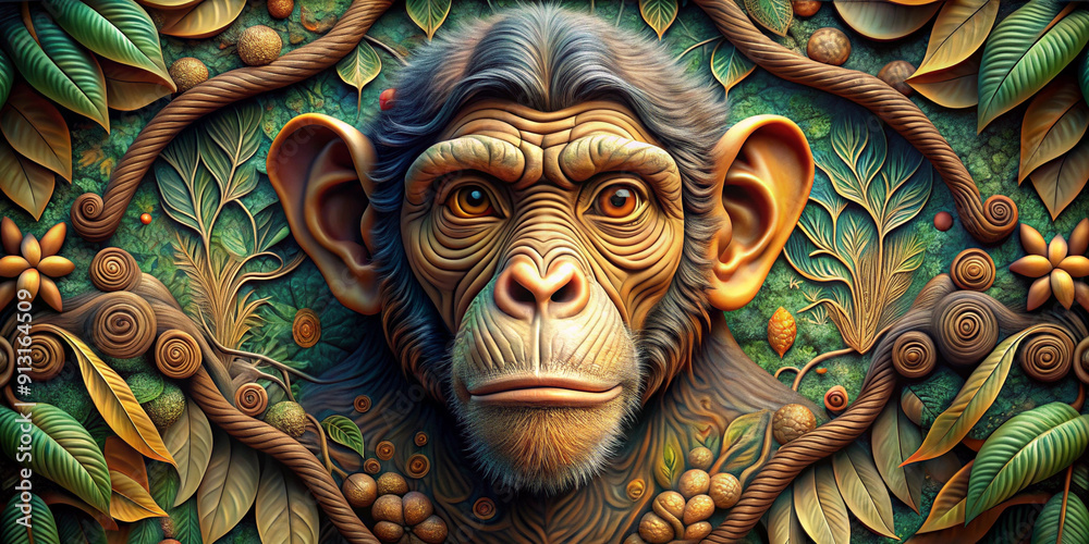 Beautiful Monkey 3d relief wallpaper. Mural wallpaper. Wall art. AI generated illustration