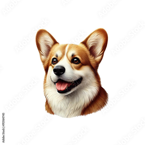 This detailed portrait features a happy and friendly Corgi dog with a light brown and white coat. 