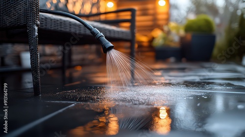 Patio furniture being cleaned with a hose and brush, showing the process of maintaining outdoor living spaces.
