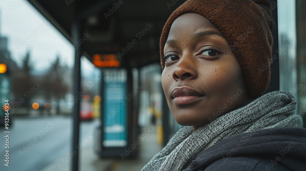 A woman wearing a brown hat and gray scarf stands in front of a bus stop A woman wearing a brown hat and gray scarf stands in front of a bus stop
