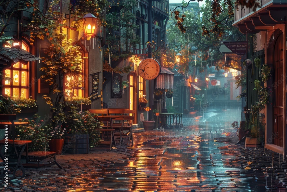 A quaint rain soaked cobblestone street in a European town is lit by the warm glow of streetlamps A quaint rain soaked cobblestone street in a European town is lit by the warm glow of streetlamps