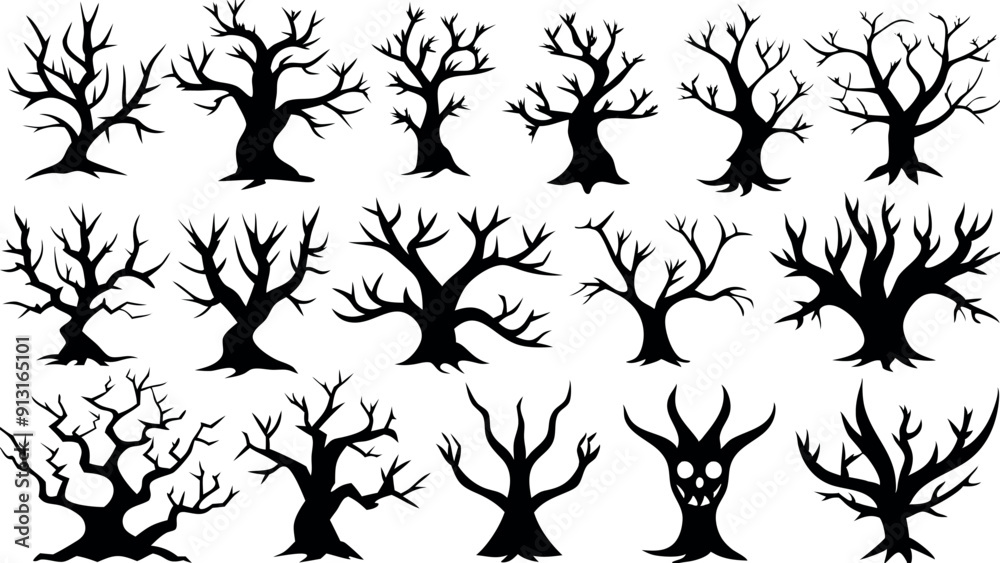 Set of silhouettes of Halloween Spooky Trees Set of silhouettes of Halloween Spooky Trees