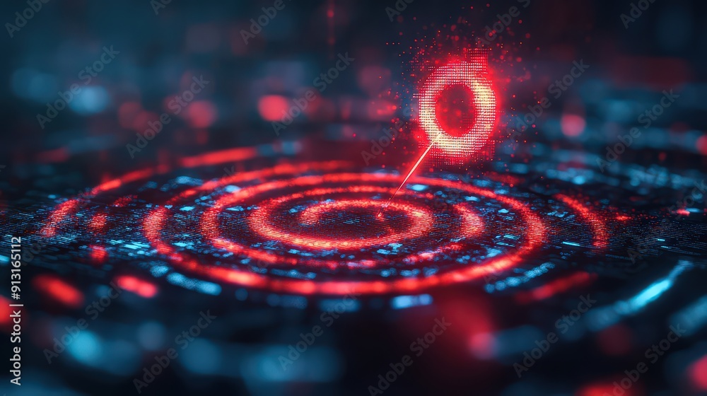 Red digital target with glowing spiral and pinpoint in a cyber landscape. Red digital target with glowing spiral and pinpoint in a cyber landscape.