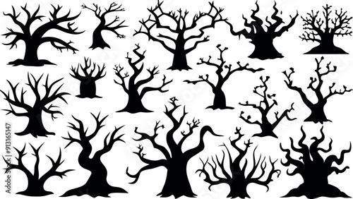 Set of silhouettes of Halloween Spooky Trees