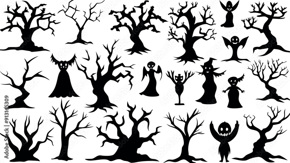 Set of silhouettes of Halloween Spooky Trees Set of silhouettes of Halloween Spooky Trees