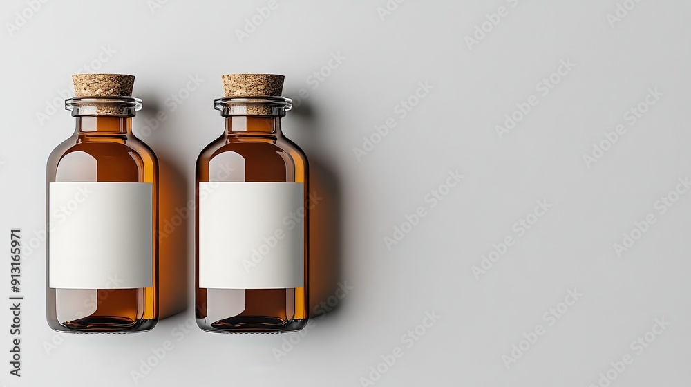 Two brown glass bottles with cork stoppers and blank labels. Two brown glass bottles with cork stoppers and blank labels.