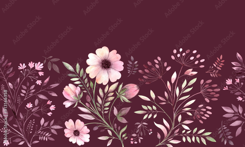 Obraz premium Seamless border Field Flowers. Watercolor illustration of plant pattern in the form of flowers, buds, leaves and dill. Illustration is hand drawn, suitable for postcards, embroidery, clipart, textiles