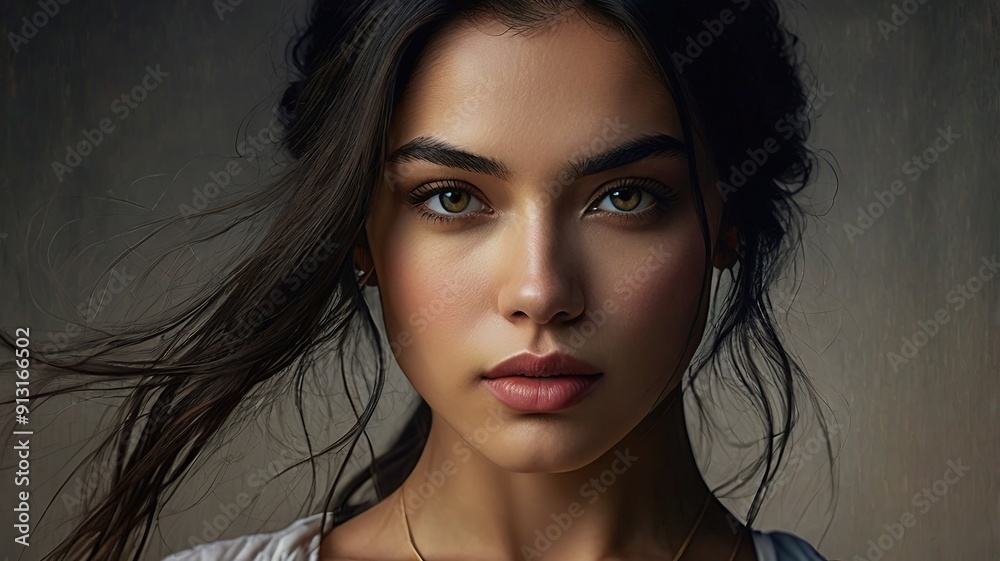 Fototapeta premium A woman with long dark hair and green eyes