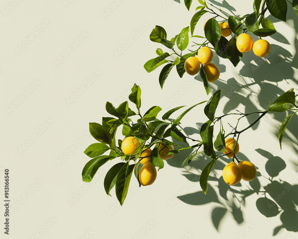 Yellow lemons hanging on a branch with green leaves on white background. AI generation