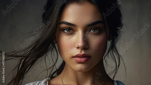 Obraz A woman with long dark hair and green eyes