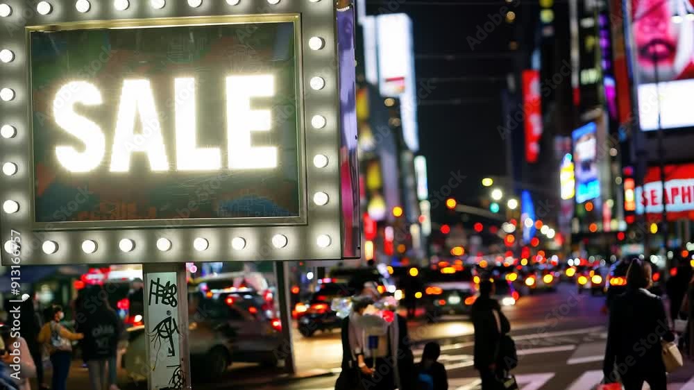 Shimmering sale signs illuminate the bustling streets of Times Square as crowds weave through the vibrant nightlife