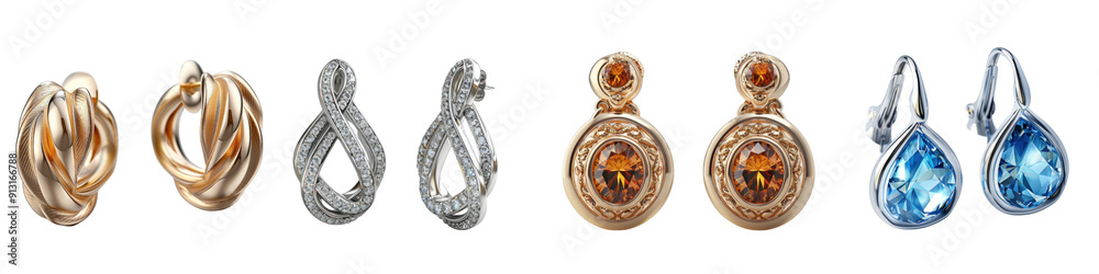 A pair of designer earrings isolated on a white background. A pair of designer earrings isolated on a white background.