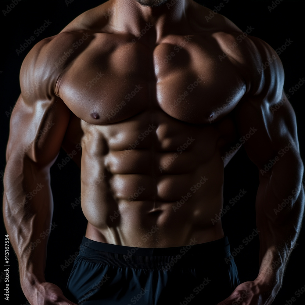 Fototapeta premium A man with a muscular body is standing in a dark room. Concept of strength and power, as the man's well-defined muscles are on full display. The dark background adds to the dramatic effect