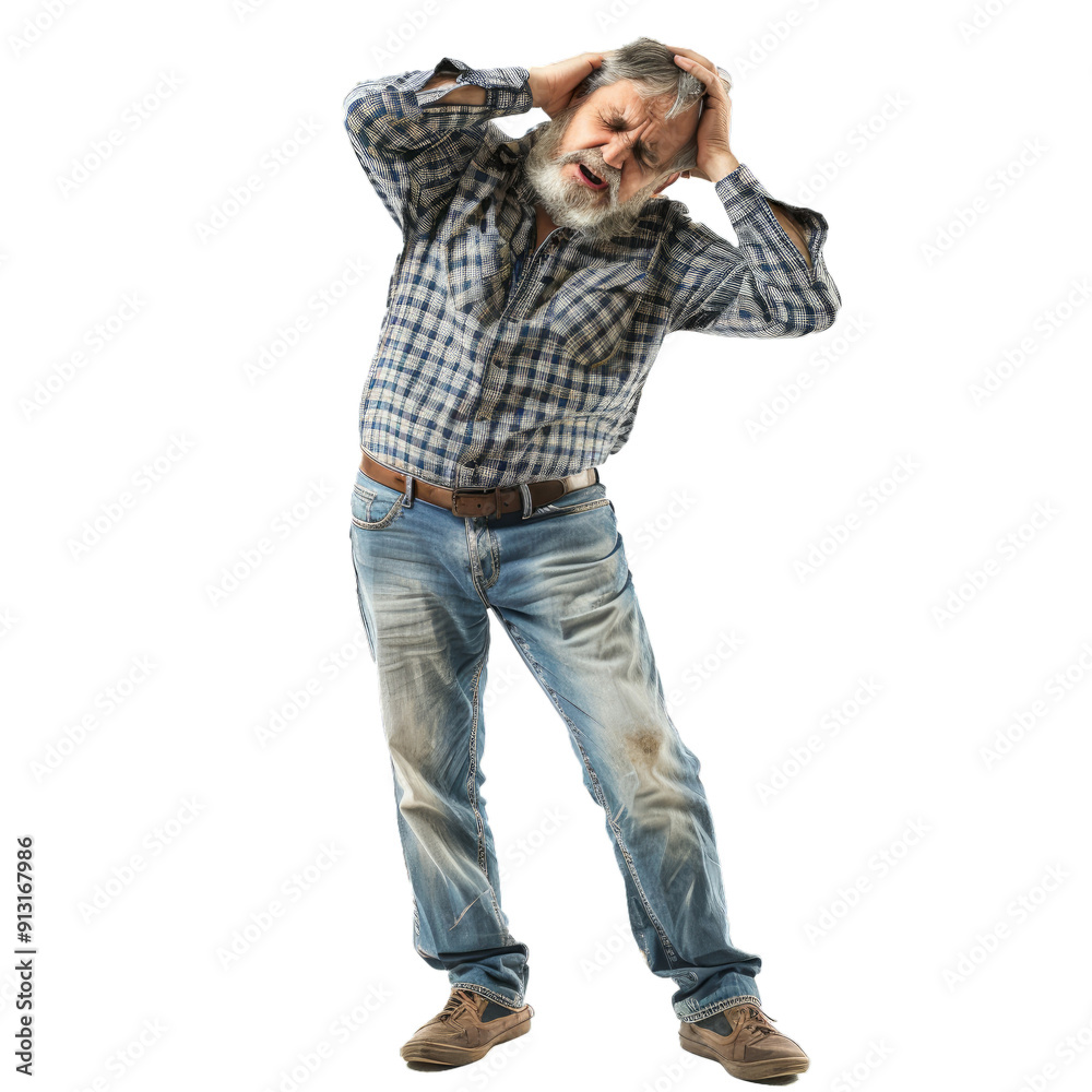 Senior manual worker holding his head with his hands, suffering from a strong headache Senior manual worker holding his head with his hands, suffering from a strong headache
