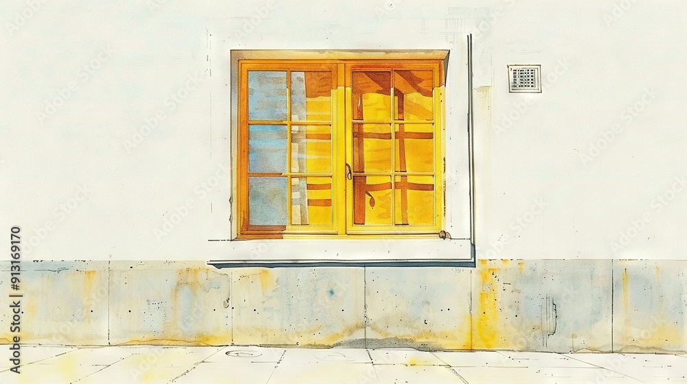 Fototapeta premium A yellow window on a white wall, with a white tiled floor and a white wall behind it