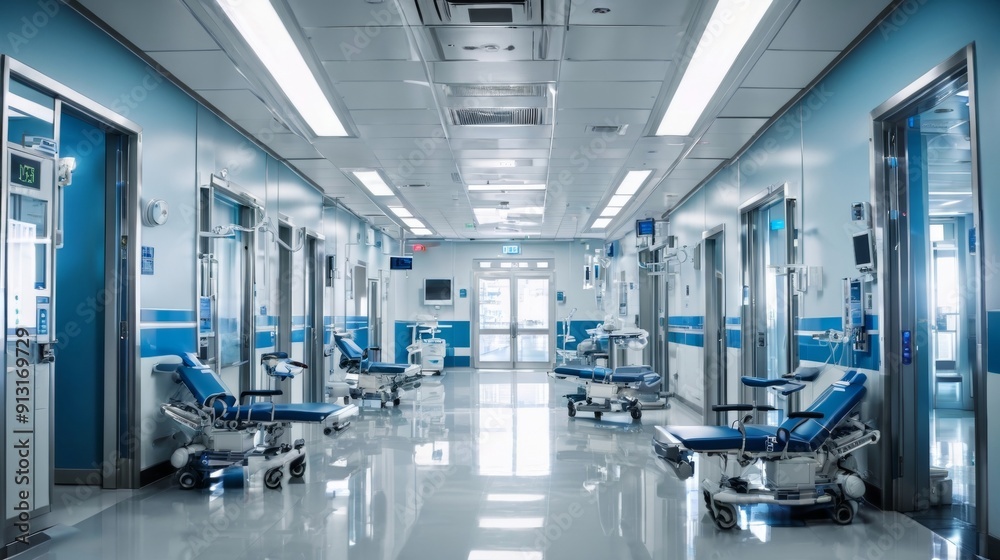 Hospital Room With Blue and White Chairs Hospital Room With Blue and White Chairs