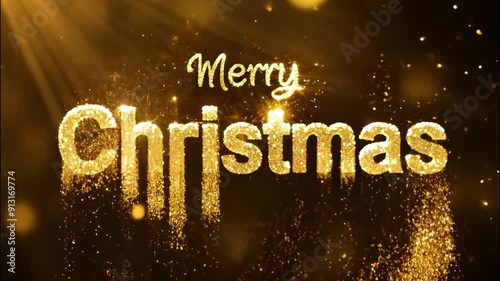 An explosion of golden glitter inscription, Merry Christmas magically appears on a black background. Merry Christmas greeting