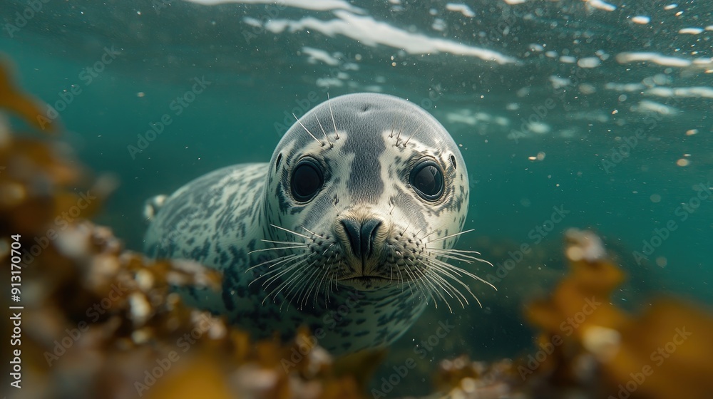 Fototapeta premium Young harbor seal swimming underwater in blue ocean water