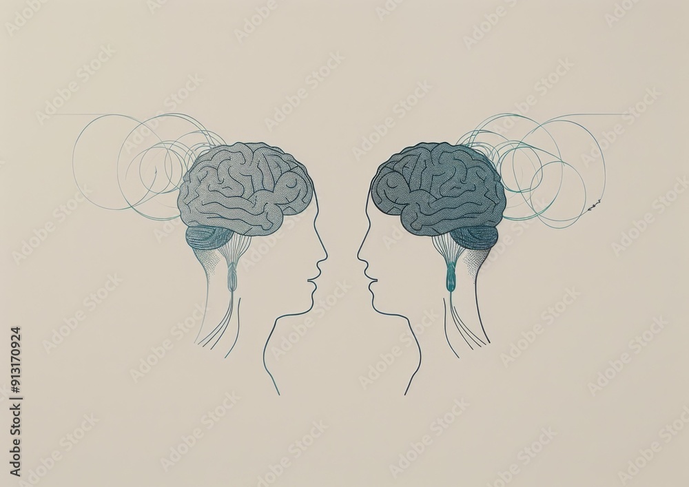 Fotografie Two heads with brain waves in the background. AI.